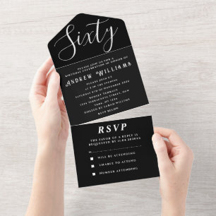 60th Birthday Party Black White Simple Modern All In One Invitation