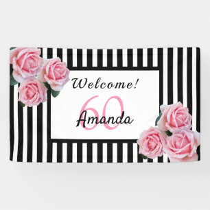 60th birthday party black white stripes florals banner