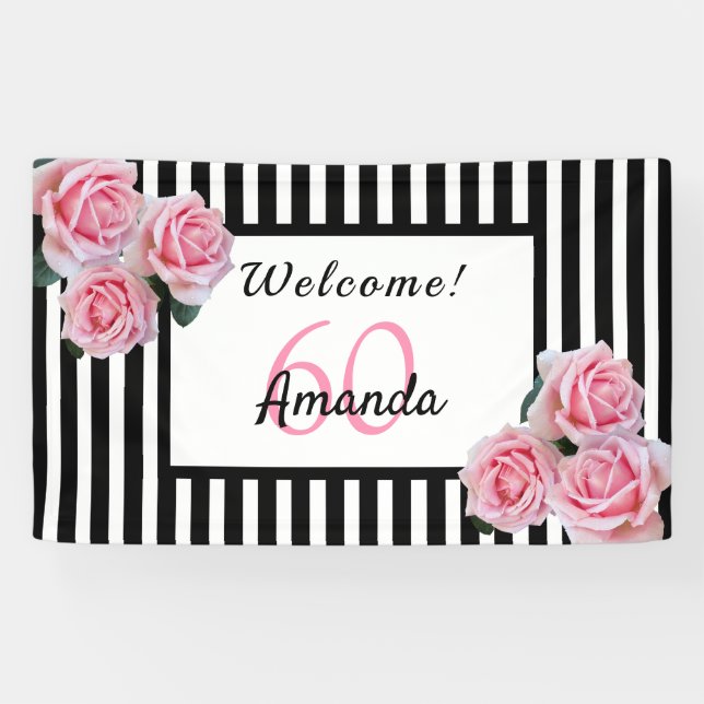 60th birthday party black white stripes florals banner (Horizontal)