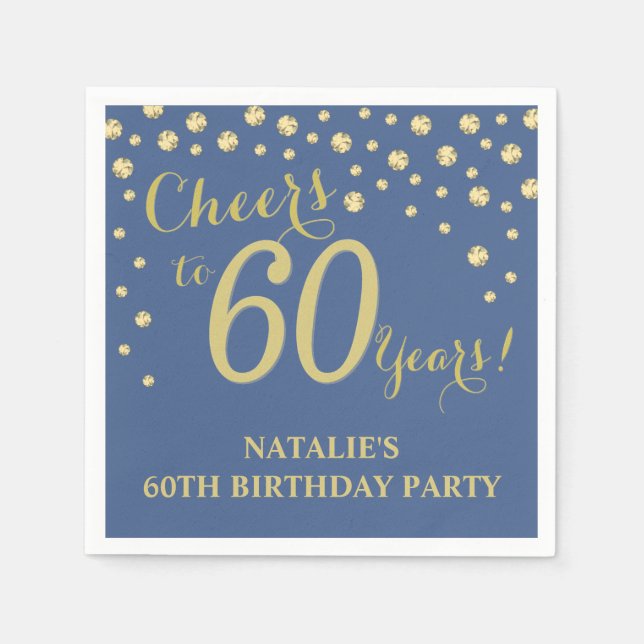 60th Birthday Party Blue and Gold Diamond Napkins (Front)