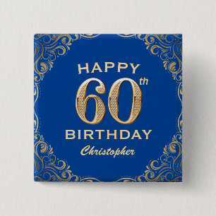 60th Birthday Party Blue and Gold Glitter Frame 15 Cm Square Badge
