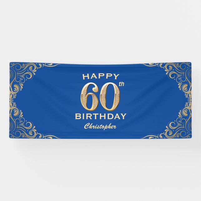 60th Birthday Party Blue and Gold Glitter Frame Banner (Horizontal)
