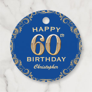 60th Birthday Party Blue and Gold Glitter Frame Favour Tags