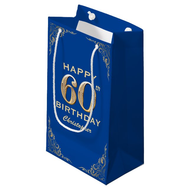 60th Birthday Party Blue and Gold Glitter Frame Small Gift Bag (Front Angled)