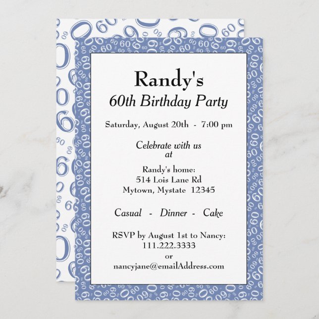 60th Birthday Party Blue and White Number Pattern Invitation (Front/Back)