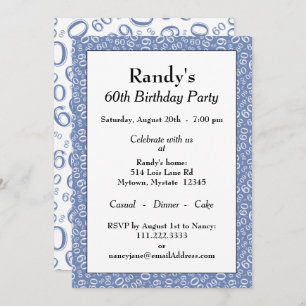 60th Birthday Party Blue and White Number Pattern Invitation