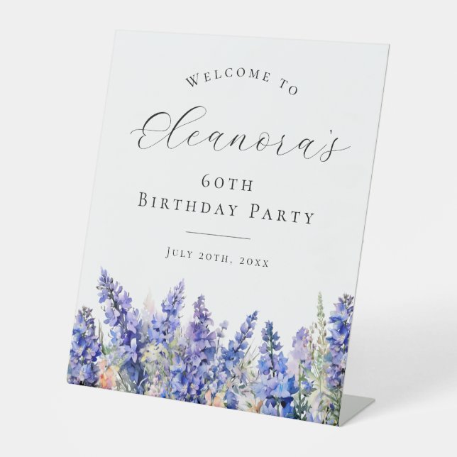 60th Birthday Party Blue July Birth Flower Welcome Pedestal Sign (Front)