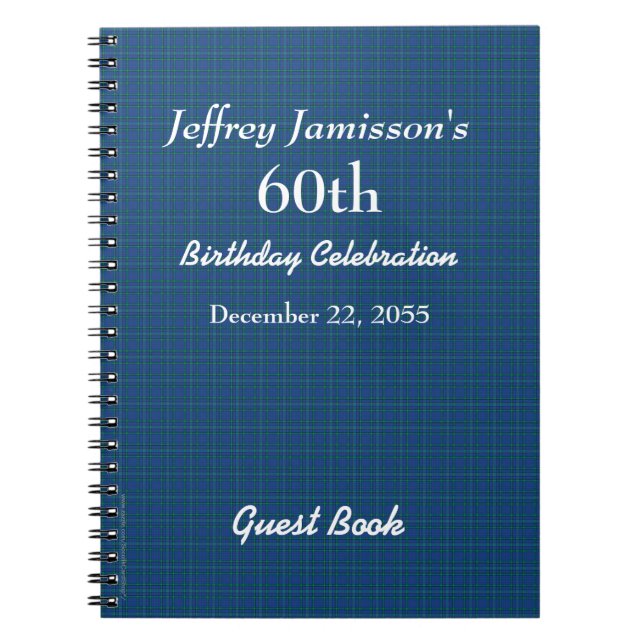 60th Birthday Party Blue Plaid Guest Book Spiral (Front)