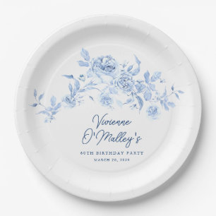 60th Birthday Party Blue Rose Floral Custom Paper Plate