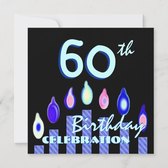 60th Birthday Party Blue Striped Candles Square Invitation (Front)