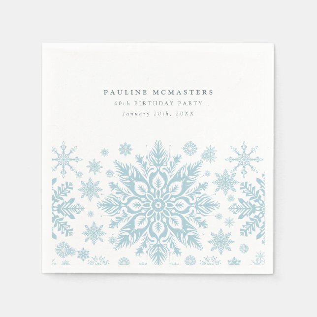 60th Birthday Party Blue White Snowflake Winter Napkin (Front)