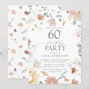 60th Birthday Party Blush Pink Watercolor Flowers Invitation