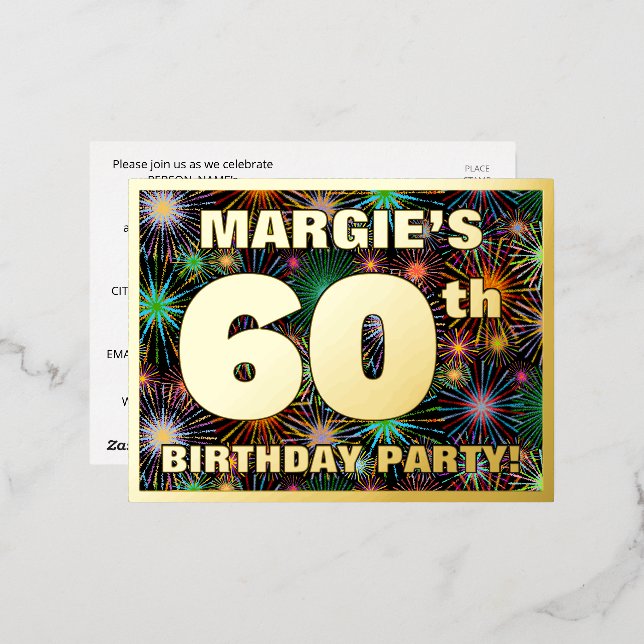 60th Birthday Party: Bold, Colourful Fireworks Loo Foil Invitation Postcard (Front/Back)