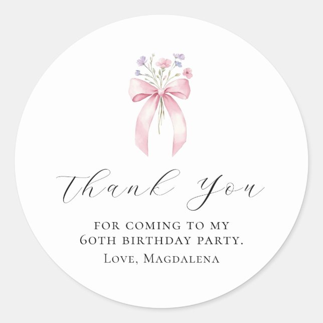 60th Birthday Party Bow Custom Thank You Favour Classic Round Sticker (Front)