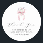 60th Birthday Party Bow Custom Thank You Favour Classic Round Sticker<br><div class="desc">Thank your guests for coming to your birthday party with this personalised thank you favour sticker.  It features a blush pink coquette bow accented with pink and blue wildflowers. Thank you is written in a lovely open script. Three lines let you customise your appreciation. All text is editable.</div>
