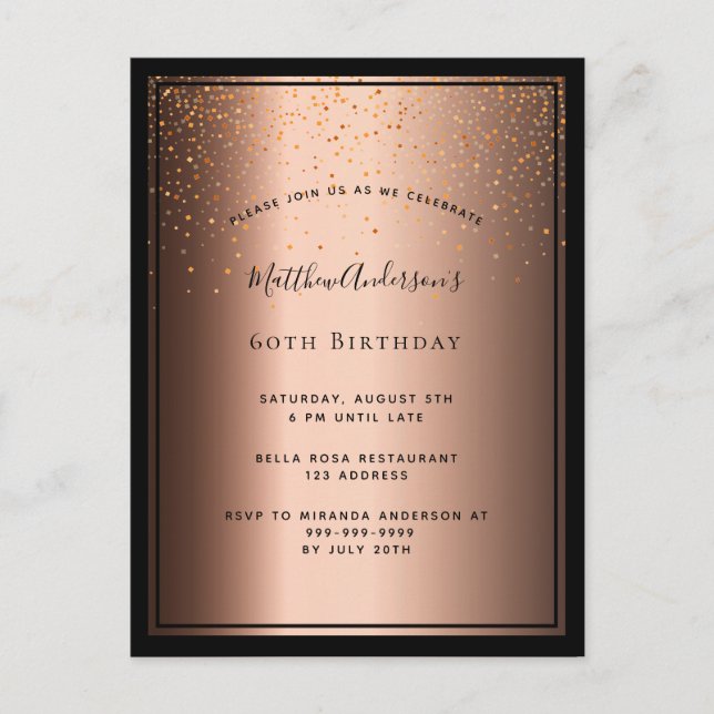 60th Birthday Party bronze brown black invitation Postcard (Front)