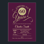 60th Birthday Party - Burgundy Gold Invitation<br><div class="desc">60th Birthday Party Invitation in dark maroon burgundy with faux glitter gold pattern. Features trendy typography script font. Simple modern design,  perfect for an elegant party. Cheers to 60 years! Can be personalized into any age! Please message me if you need further customization.</div>