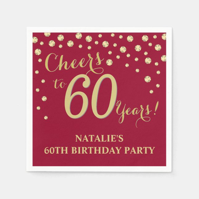 60th Birthday Party Burgundy Red and Gold Diamond Napkin (Front)