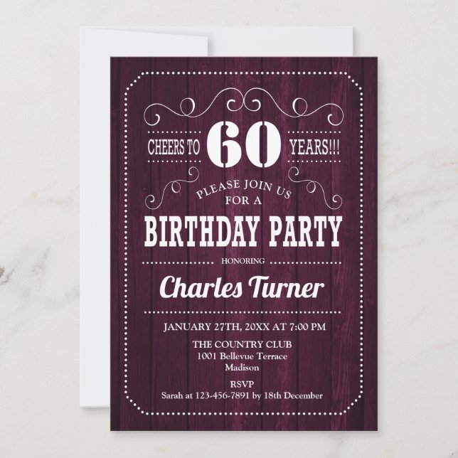 60th Birthday Party - Burgundy Wood Pattern Invitation (Front)