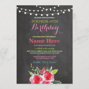 60th Birthday Party Chalkboard Floral Pink Invite