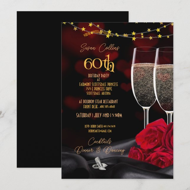 60th Birthday Party Champagne & Roses Birthday Inv Invitation (Front/Back)