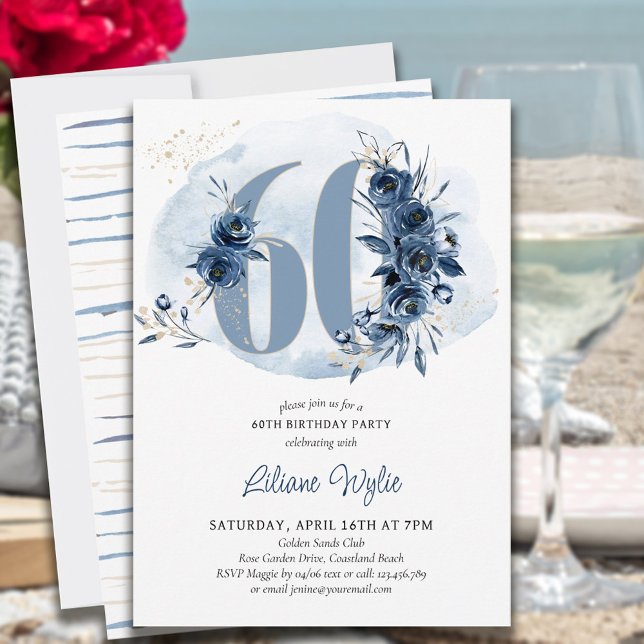 60th Birthday Party Coastal Blue Floral Number 60 Invitation (Creator Uploaded)