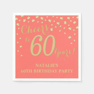 60th Birthday Party Coral and Gold Diamond Napkins