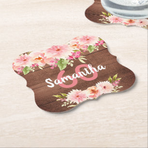 60th birthday party coral dahlia flowers brown paper coaster