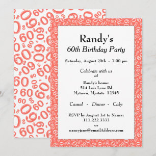 60th Birthday Party Coral/White Number Pattern Invitation
