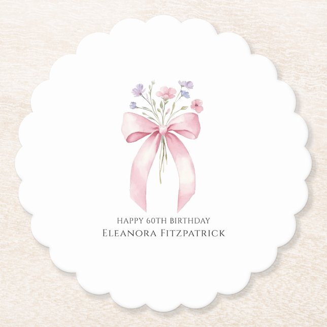 60th Birthday Party Custom Coaster Bow Wildflower (Front)