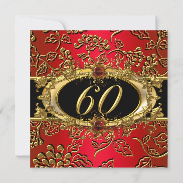 60th Birthday Party Damask Red Gold Black Invitation (Front)