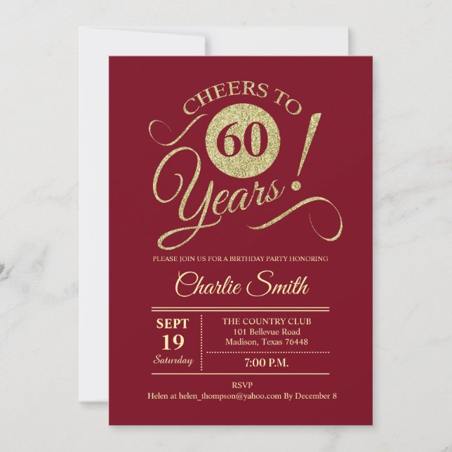 60th Birthday Party - Dark Red Gold Invitation (Front)
