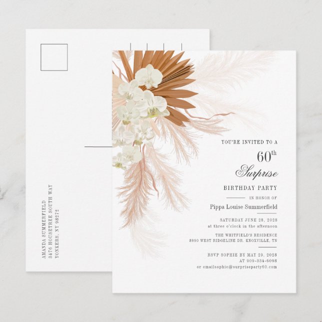 60th Birthday Party Desert Terracotta Pampas Grass Invitation Postcard (Front/Back)