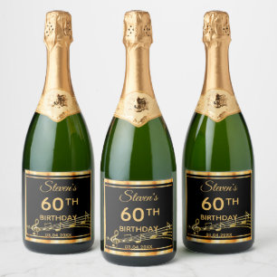 60th birthday party elegant black and gold music sparkling wine label