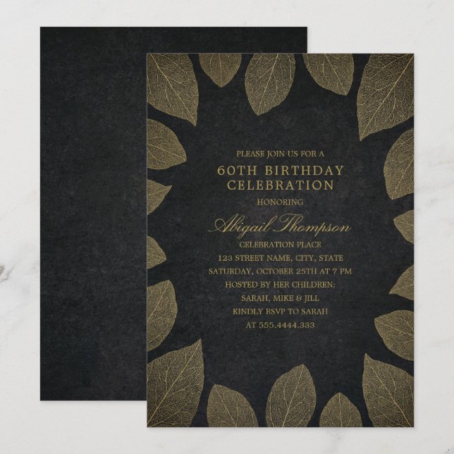 60th Birthday Party Elegant Black Gold Leaves Invitation (Front/Back)