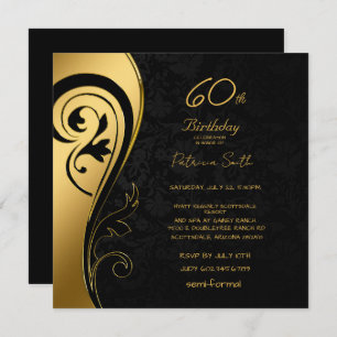 60th Birthday Party Elegant Black & Gold Swirls   Invitation