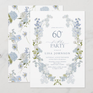 60th Birthday Party Elegant Dusty Blue Floral Invitation