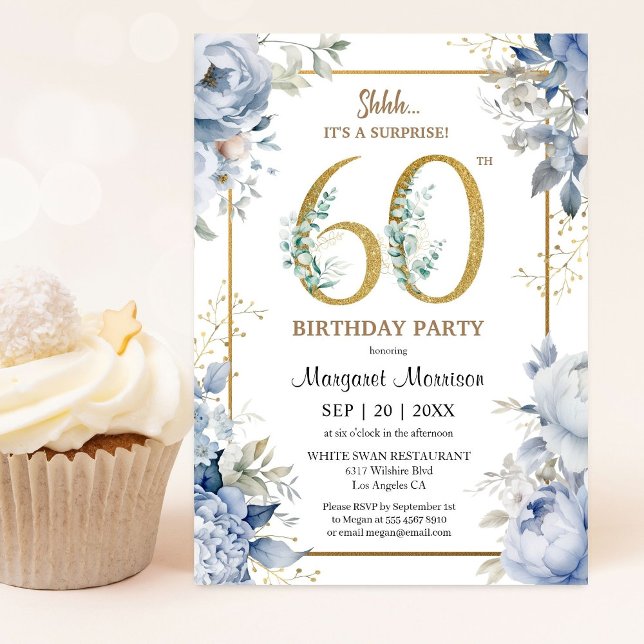 60th Birthday Party Elegant Dusty Blue Floral Invitation (Creator Uploaded)