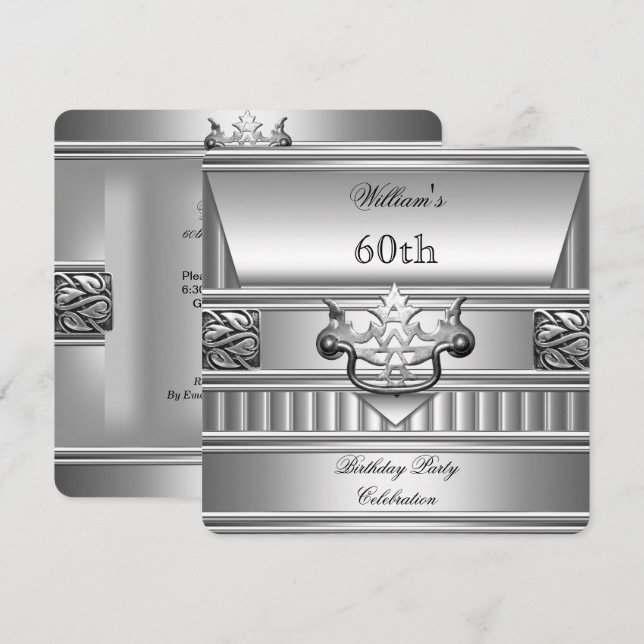 60th Birthday Party Elegant Mens Silver Metal 2 Invitation (Front/Back)