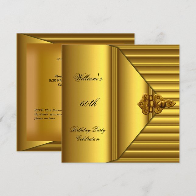 60th Birthday Party Elegant Mens Yellow Gold Mans Invitation (Front/Back)