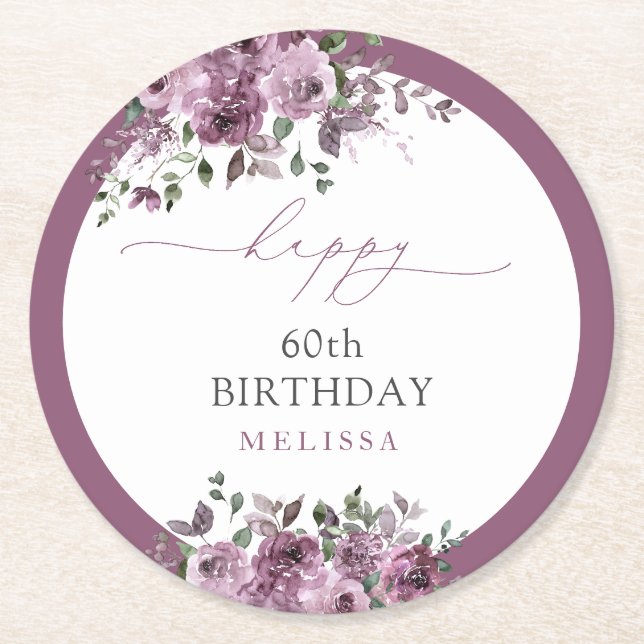 60th Birthday Party Elegant Purple Roses Round Paper Coaster (Front)