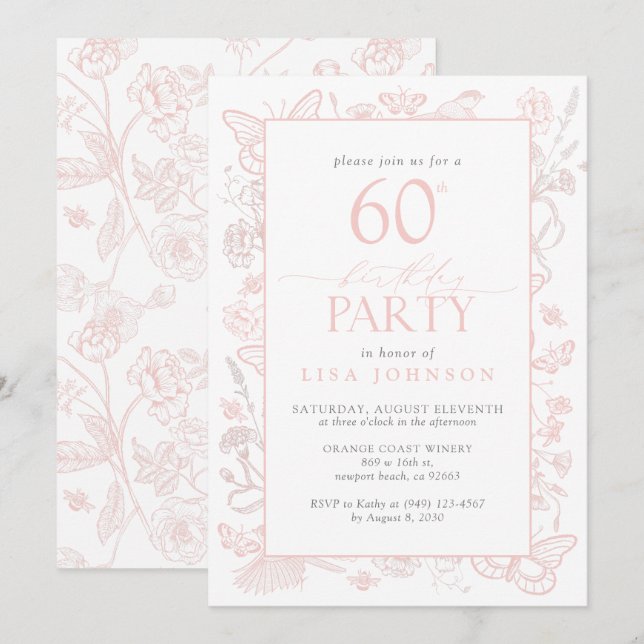 60th Birthday Party Feminine Blush Pink Floral Invitation (Front/Back)