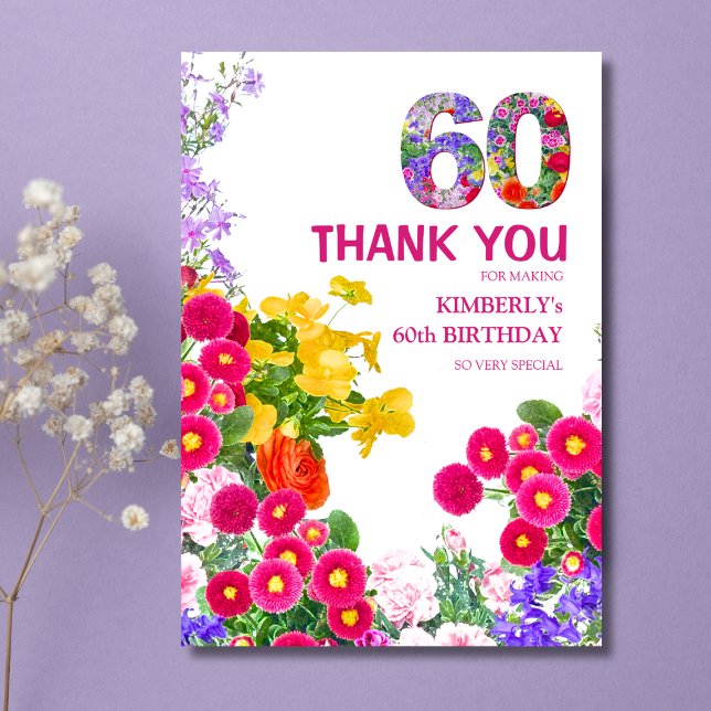 60th birthday party floral bouquet thank you card (Creator Uploaded)