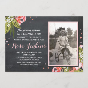 60th Birthday Party Floral Chalk Pink Photo Invite