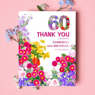 60th birthday party floral flat thank you card