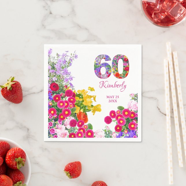 60th birthday party floral name and date napkins (Insitu)