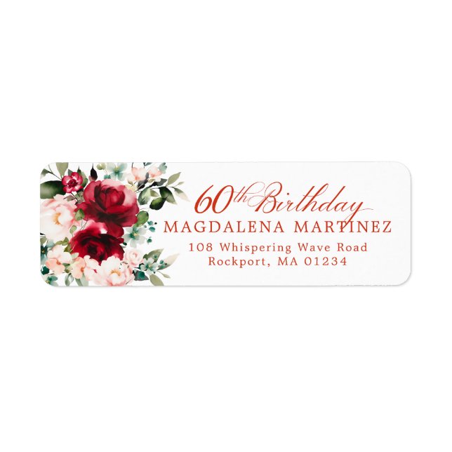 60th Birthday Party Floral Return Address Label (Front)