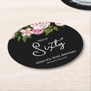 60th Birthday Party Floral Round Paper Coaster