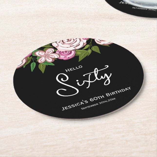 60th Birthday Party Floral Round Paper Coaster (Angled)