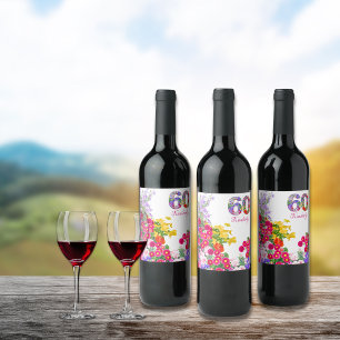 60th birthday party flower bouquet wine labels